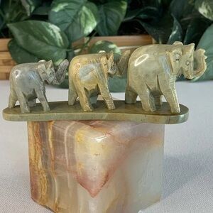 Carved Soapstone Elephant Familly Figurine Sculpture Carving Mounted on Base Art
